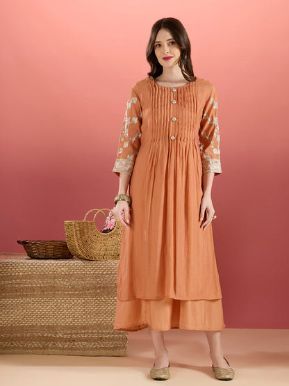 Solid A-Line Paneled Dress with Layered Embroidered Kurta - Peach
