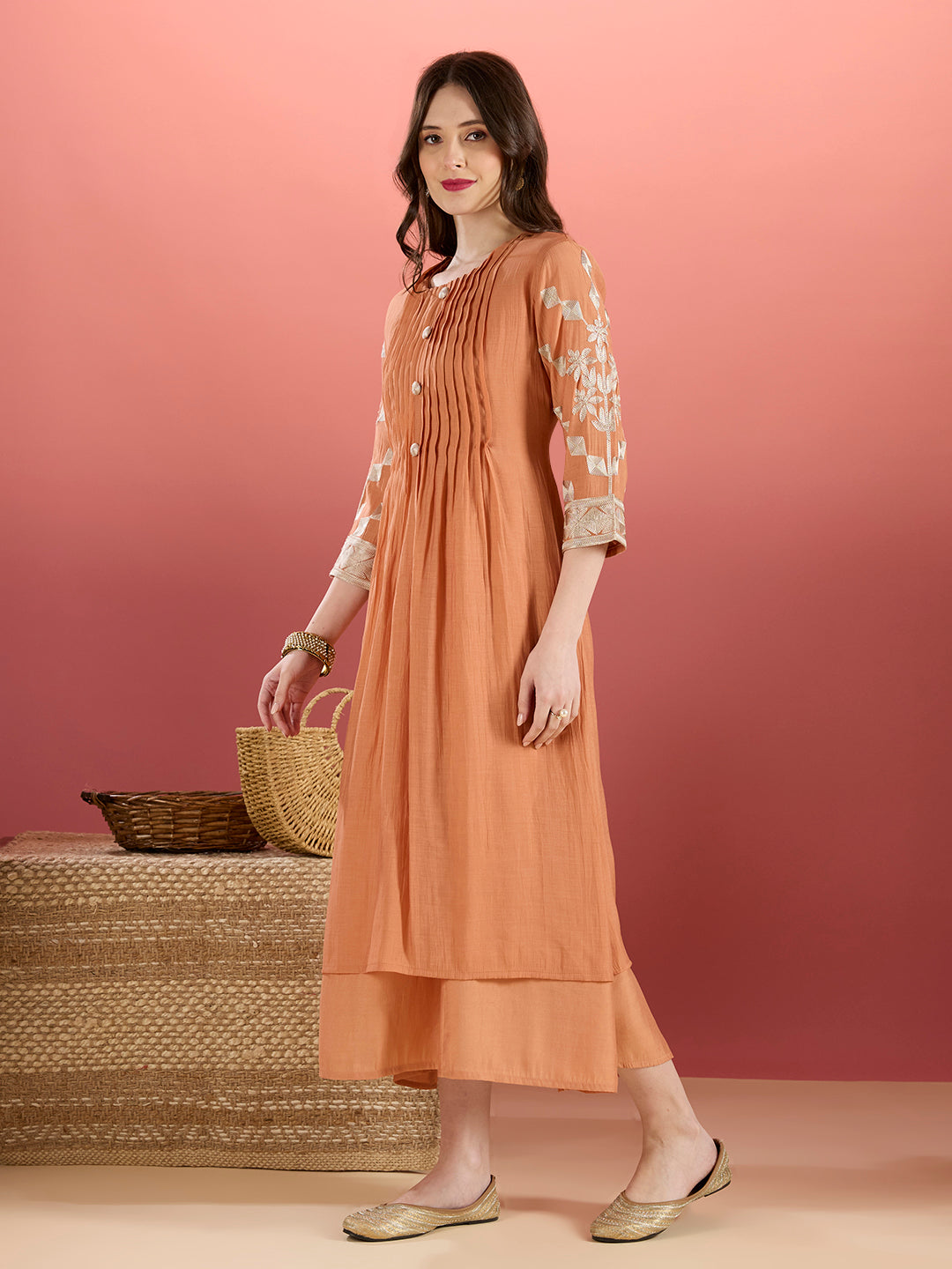 Solid A-Line Paneled Dress with Layered Embroidered Kurta - Peach