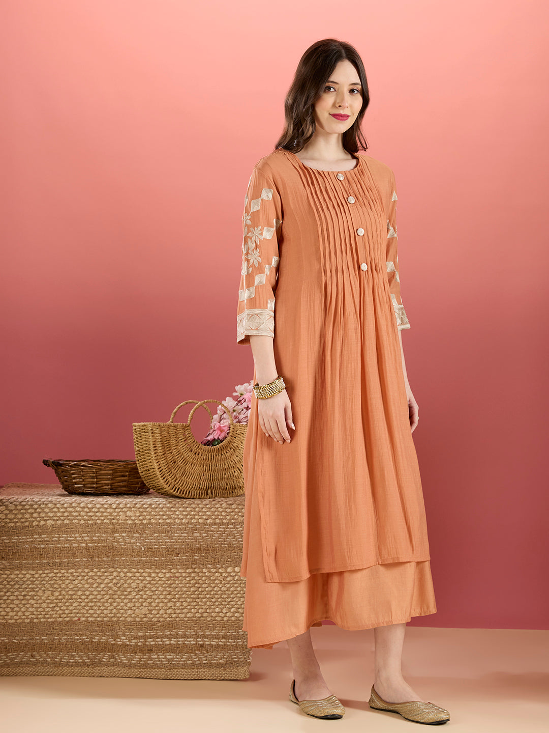 Solid A-Line Paneled Dress with Layered Embroidered Kurta - Peach