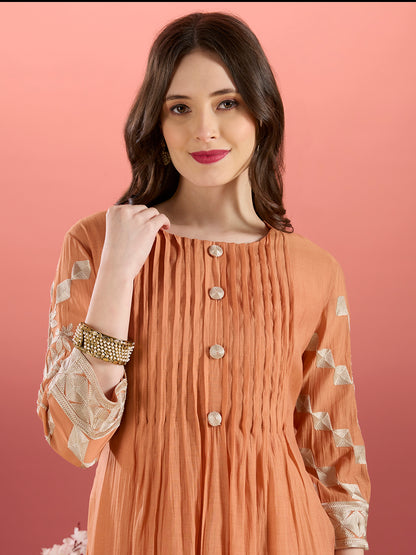 Solid A-Line Paneled Dress with Layered Embroidered Kurta - Peach