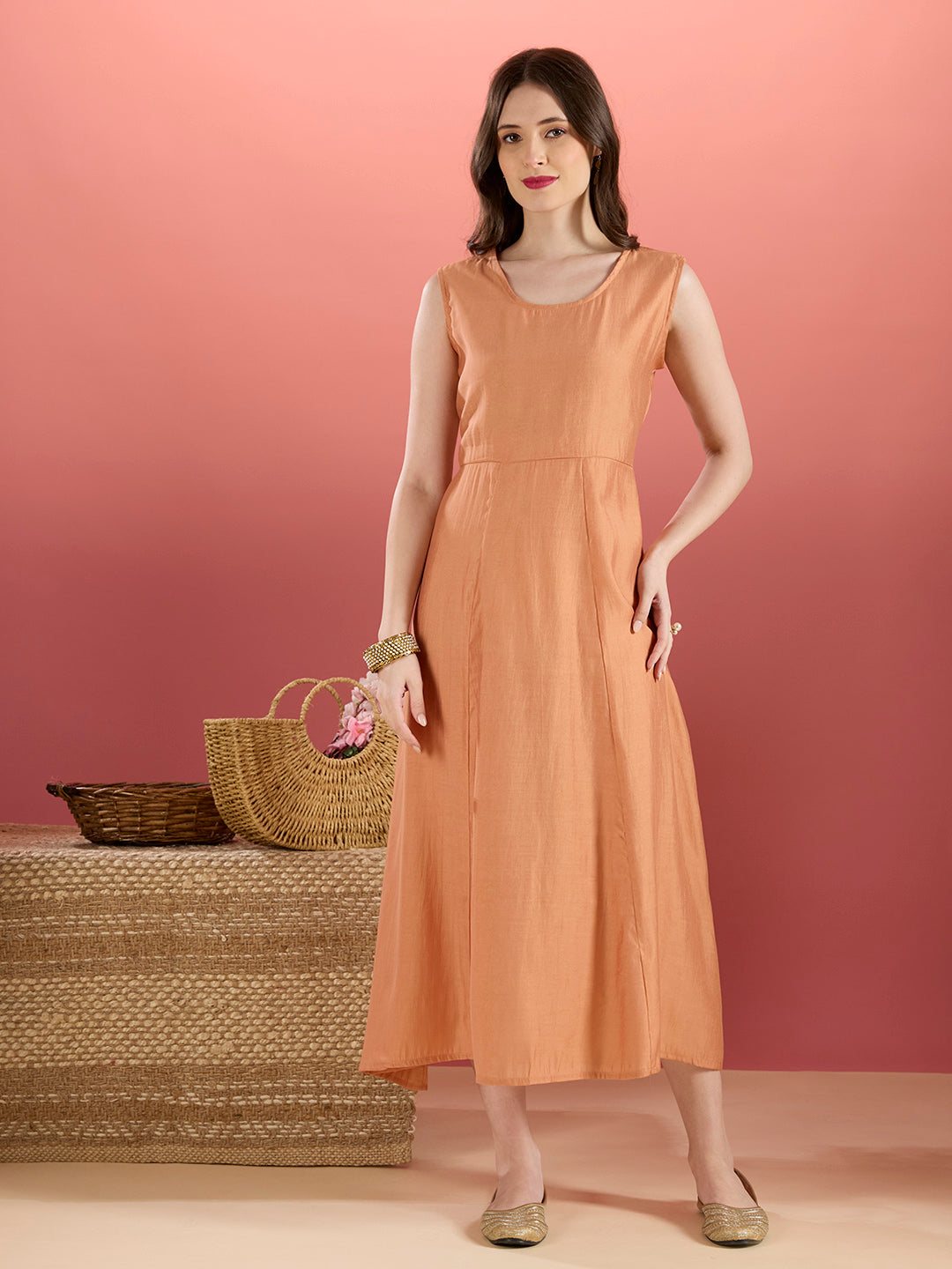 Solid A-Line Paneled Dress with Layered Embroidered Kurta - Peach