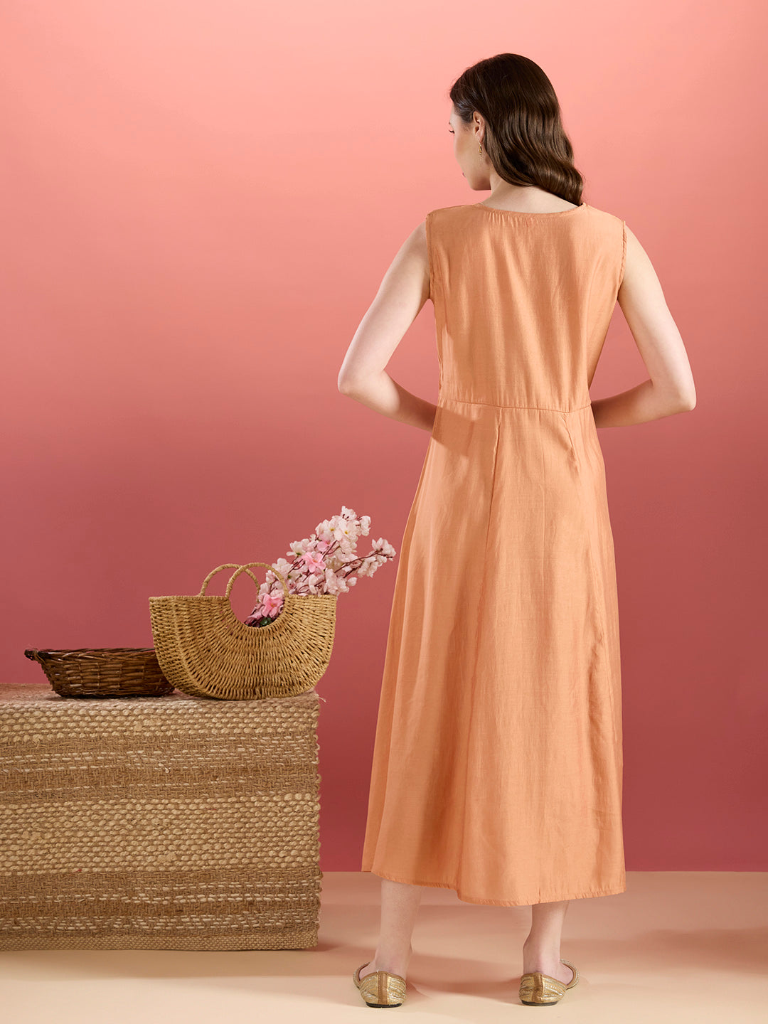 Solid A-Line Paneled Dress with Layered Embroidered Kurta - Peach