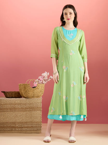 Solid Floral Embroidered A-Line Midi Dress with Kurta - Green