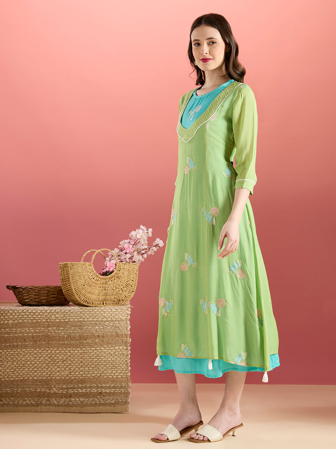 Solid Floral Embroidered A-Line Midi Dress with Kurta - Green