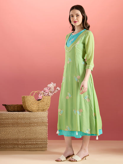 Solid Floral Embroidered A-Line Midi Dress with Kurta - Green