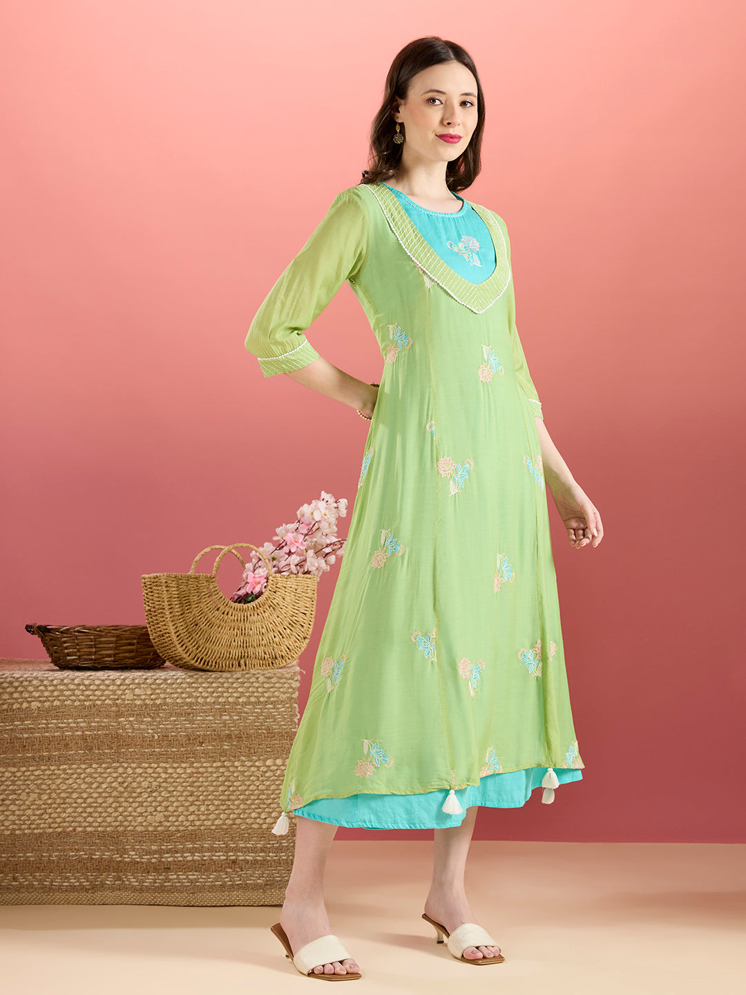 Solid Floral Embroidered A-Line Midi Dress with Kurta - Green