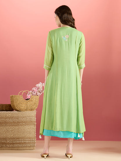 Solid Floral Embroidered A-Line Midi Dress with Kurta - Green