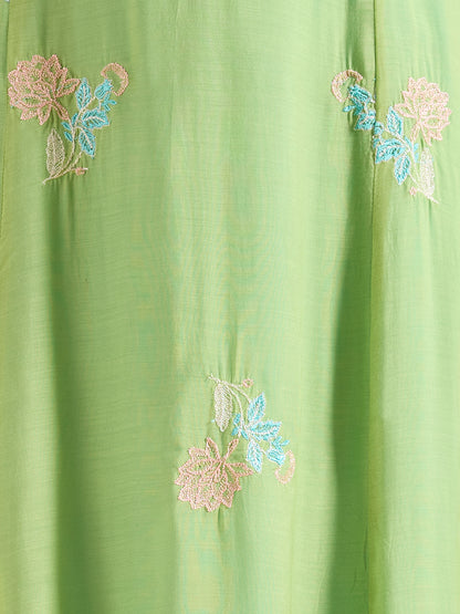 Solid Floral Embroidered A-Line Midi Dress with Kurta - Green