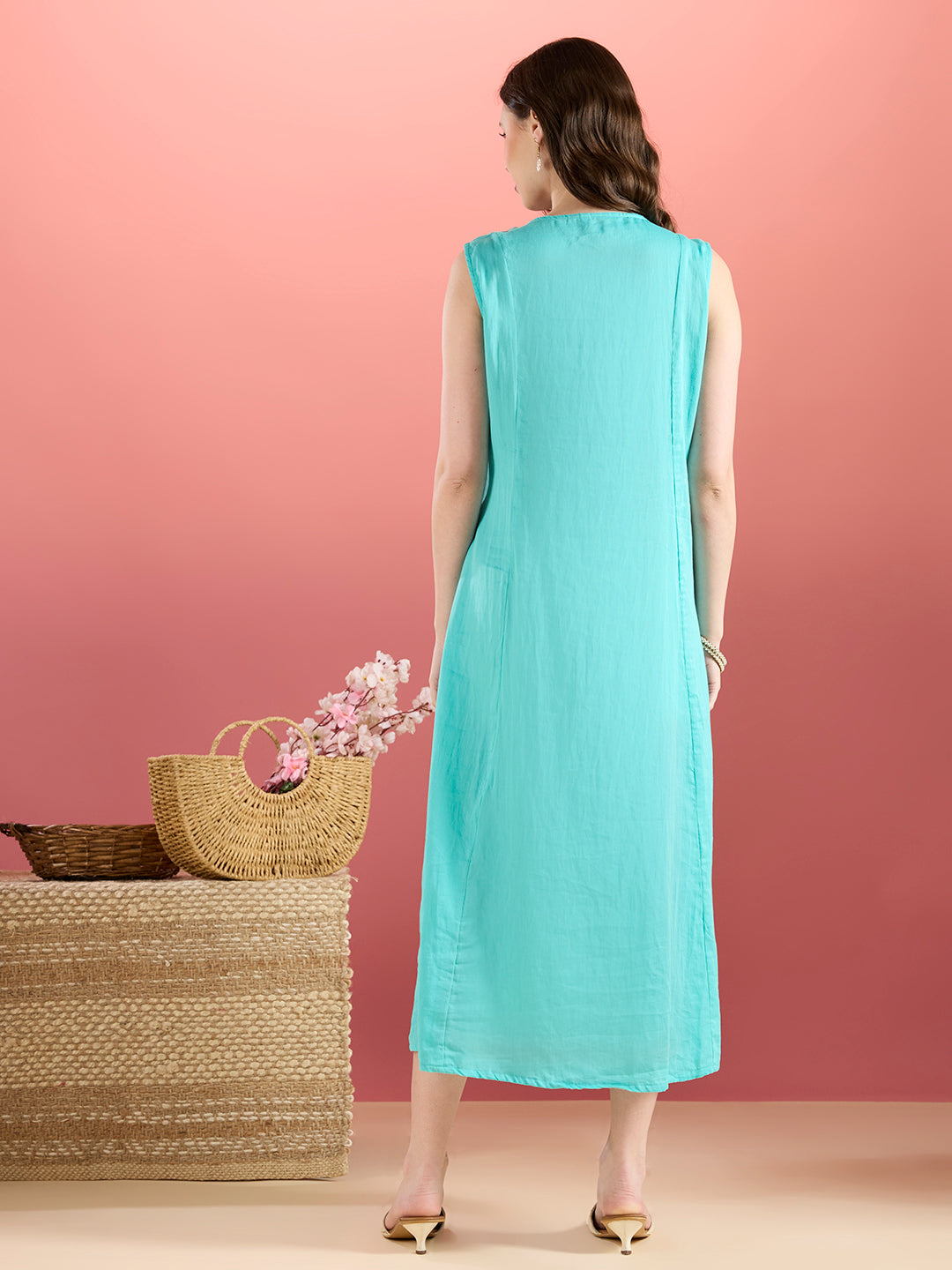 Solid Floral Embroidered A-Line Midi Dress with Kurta - Green