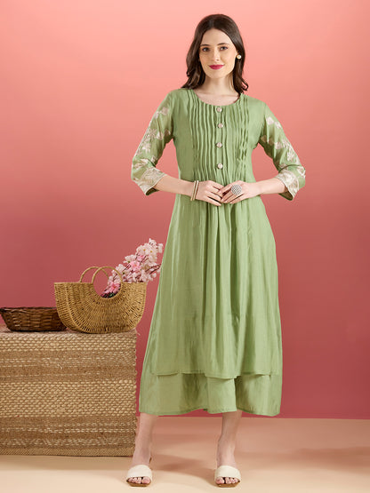 Solid A-Line Paneled Dress with Layered Embroidered Kurta - Green