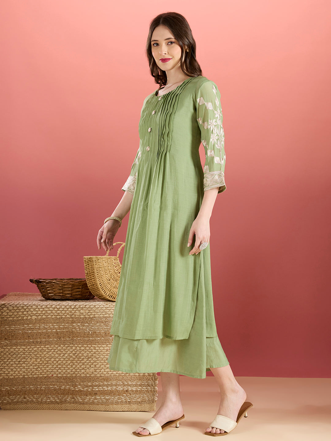 Solid A-Line Paneled Dress with Layered Embroidered Kurta - Green