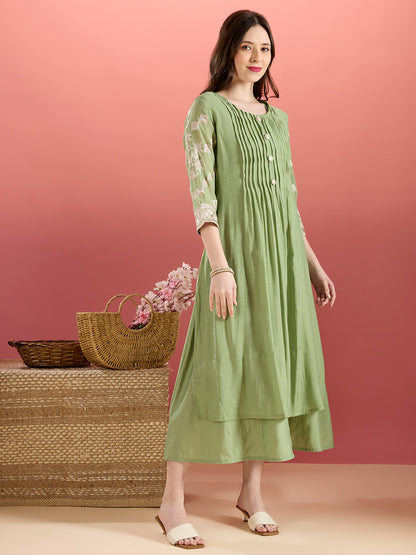 Solid A-Line Paneled Dress with Layered Embroidered Kurta - Green