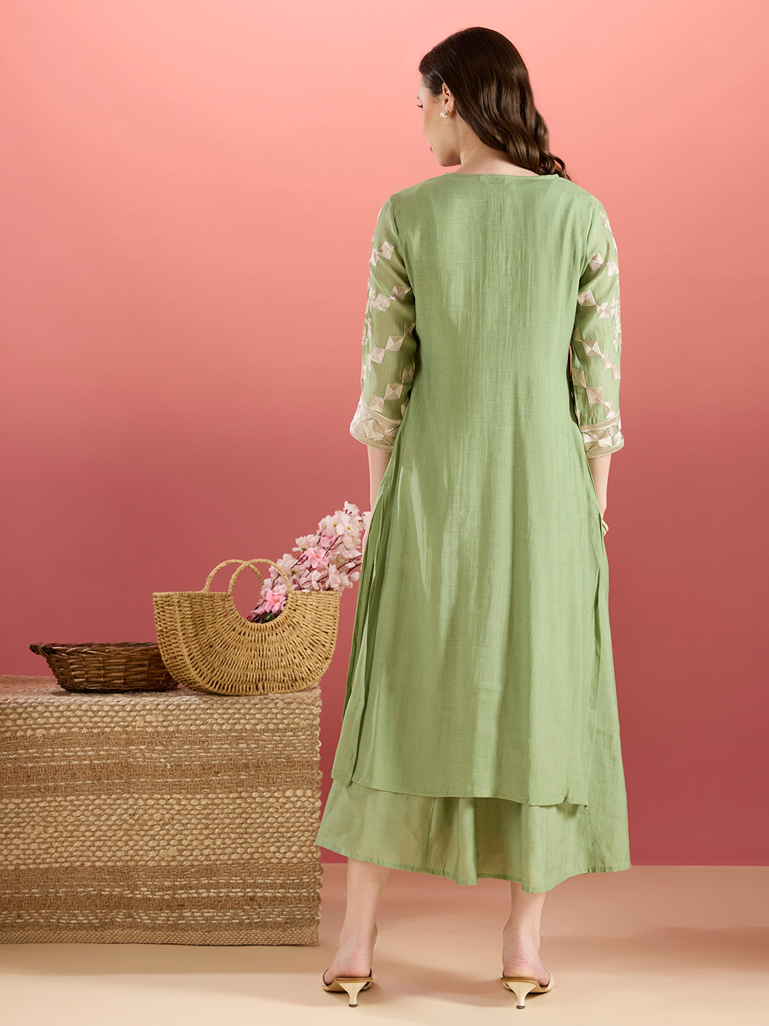 Solid A-Line Paneled Dress with Layered Embroidered Kurta - Green