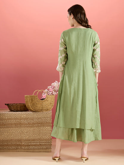 Solid A-Line Paneled Dress with Layered Embroidered Kurta - Green