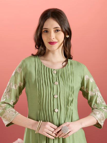 Solid A-Line Paneled Dress with Layered Embroidered Kurta - Green