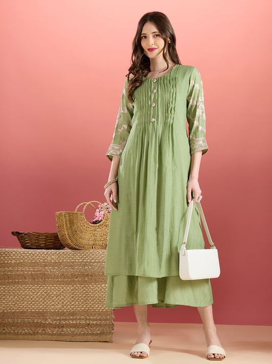 Solid A-Line Paneled Dress with Layered Embroidered Kurta - Green