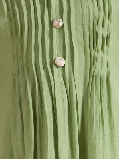 Solid A-Line Paneled Dress with Layered Embroidered Kurta - Green