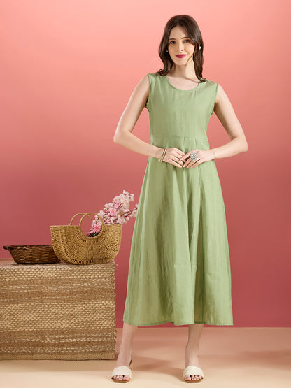 Solid A-Line Paneled Dress with Layered Embroidered Kurta - Green
