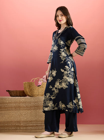 Abstract Floral Printed Embroidered A-Line Kurta with Palazzo - Navy Blue