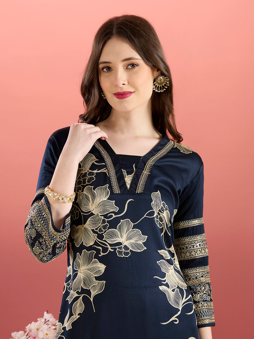 Abstract Floral Printed Embroidered A-Line Kurta with Palazzo - Navy Blue