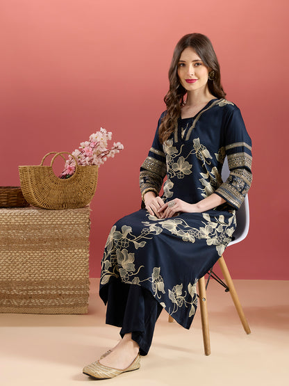 Abstract Floral Printed Embroidered A-Line Kurta with Palazzo - Navy Blue