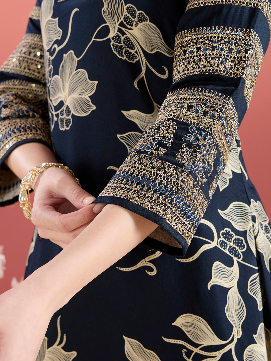 Abstract Floral Printed Embroidered A-Line Kurta with Palazzo - Navy Blue