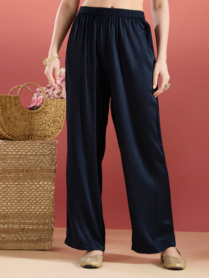 Abstract Floral Printed Embroidered A-Line Kurta with Palazzo - Navy Blue