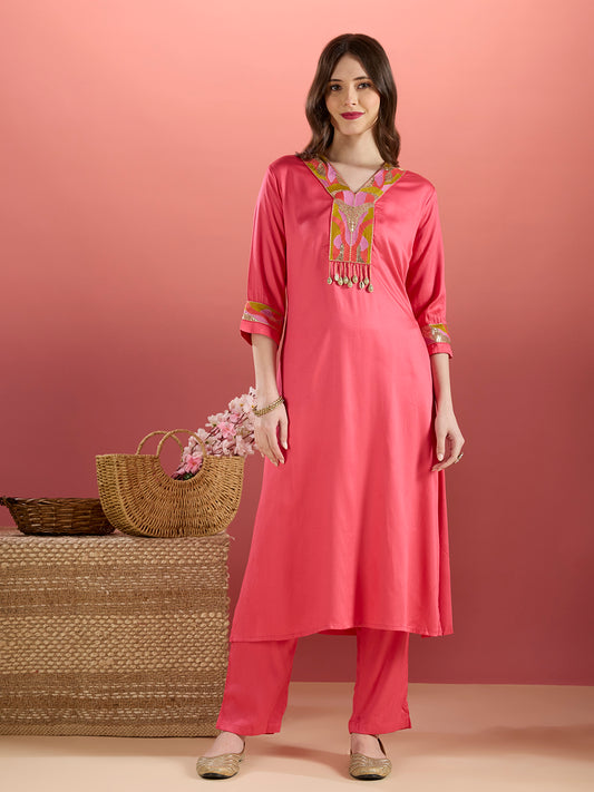 Solid Sequin Embroidered Straight Fit Co-ord Set - Pink