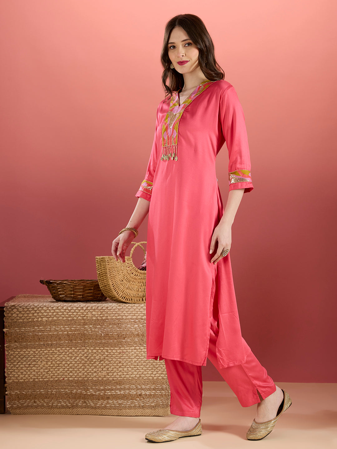 Solid Sequin Embroidered Straight Fit Co-ord Set - Pink