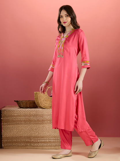 Solid Sequin Embroidered Straight Fit Co-ord Set - Pink