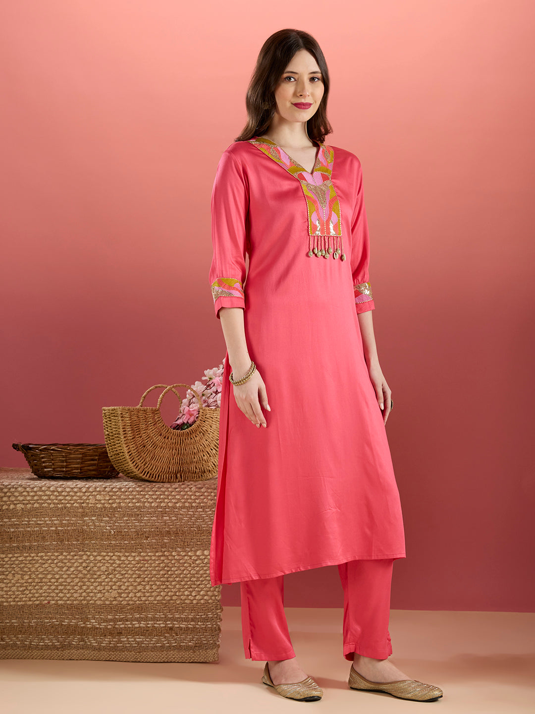 Solid Sequin Embroidered Straight Fit Co-ord Set - Pink