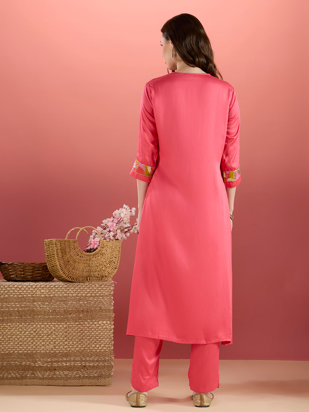 Solid Sequin Embroidered Straight Fit Co-ord Set - Pink
