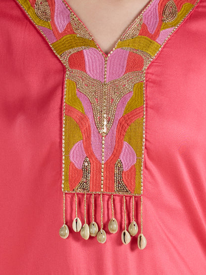 Solid Sequin Embroidered Straight Fit Co-ord Set - Pink