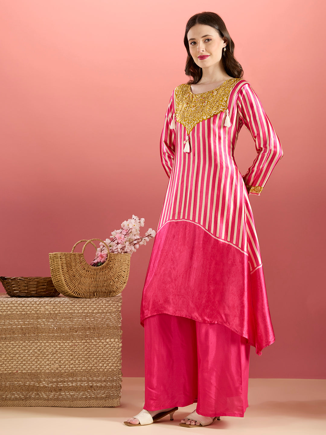 Ethnic Stripes Printed Embroidered A-Line Kurta with Flared Palazzo - Pink