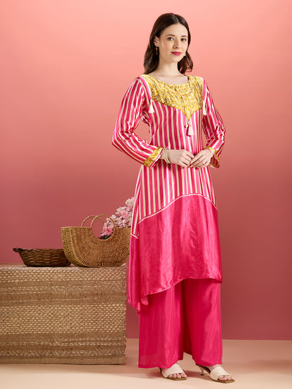Ethnic Stripes Printed Embroidered A-Line Kurta with Flared Palazzo - Pink