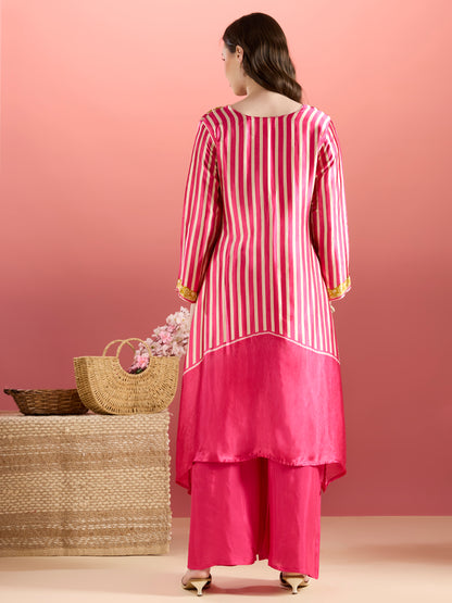 Ethnic Stripes Printed Embroidered A-Line Kurta with Flared Palazzo - Pink