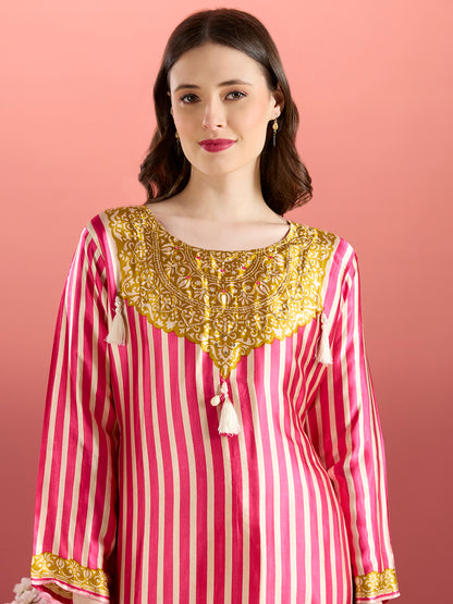 Ethnic Stripes Printed Embroidered A-Line Kurta with Flared Palazzo - Pink