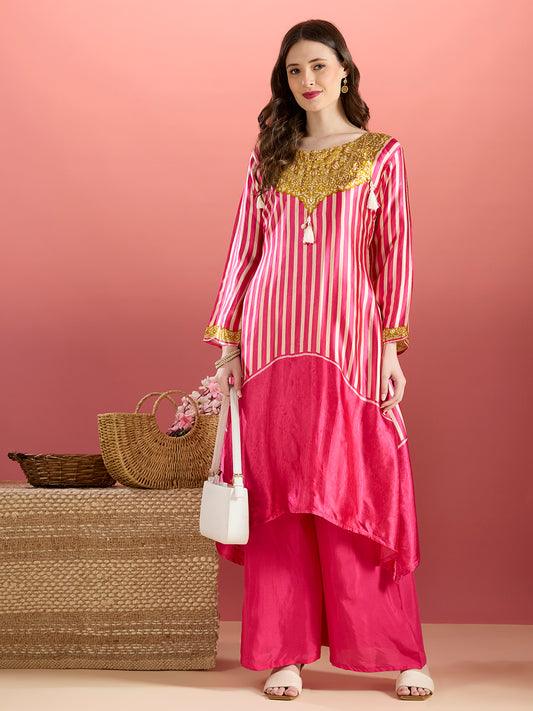 Ethnic Stripes Printed Embroidered A-Line Kurta with Flared Palazzo - Pink