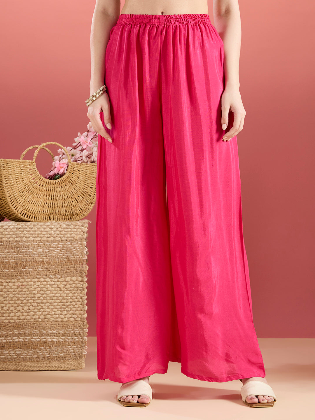 Ethnic Stripes Printed Embroidered A-Line Kurta with Flared Palazzo - Pink