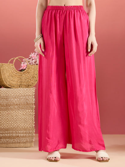 Ethnic Stripes Printed Embroidered A-Line Kurta with Flared Palazzo - Pink