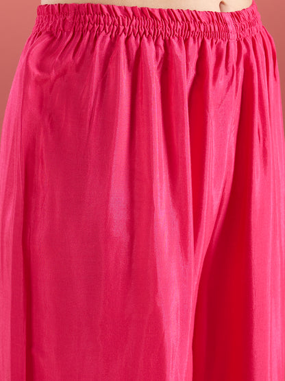 Ethnic Stripes Printed Embroidered A-Line Kurta with Flared Palazzo - Pink