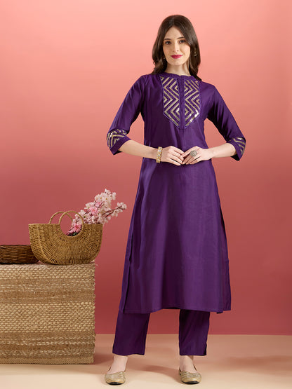 Solid Sequin Embroidered A-Line Co-ord Set - Purple