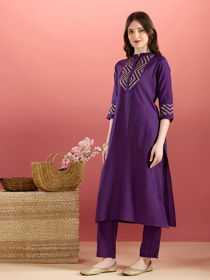 Solid Sequin Embroidered A-Line Co-ord Set - Purple