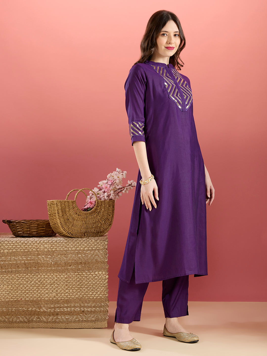 Solid Sequin Embroidered A-Line Co-ord Set - Purple