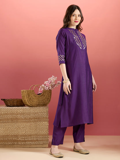 Solid Sequin Embroidered A-Line Co-ord Set - Purple
