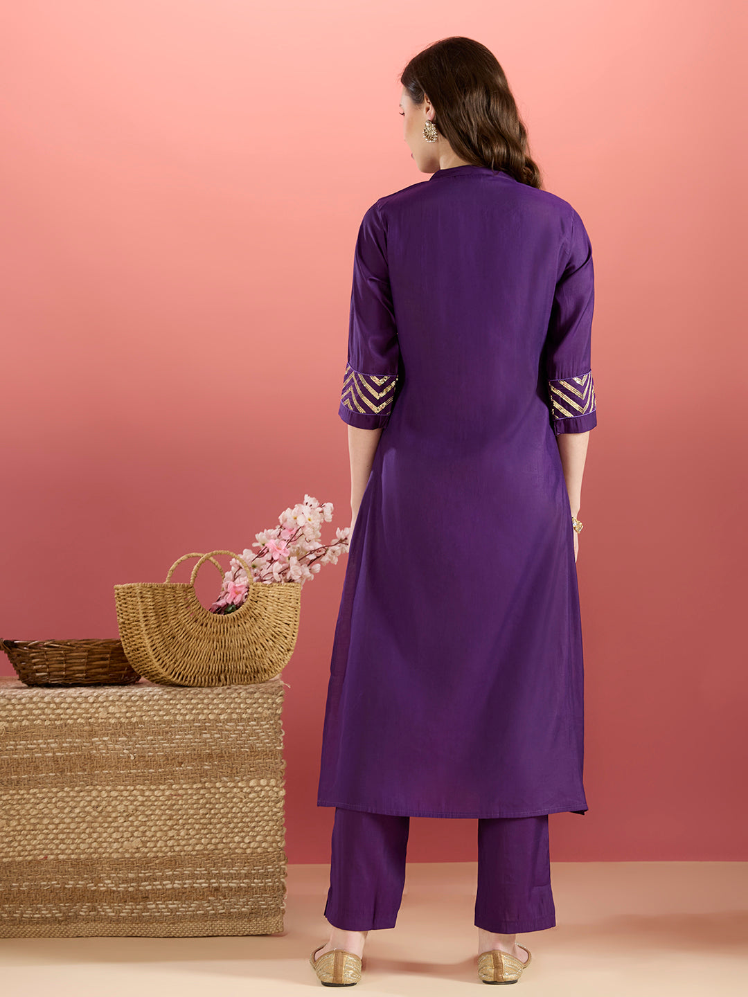 Solid Sequin Embroidered A-Line Co-ord Set - Purple