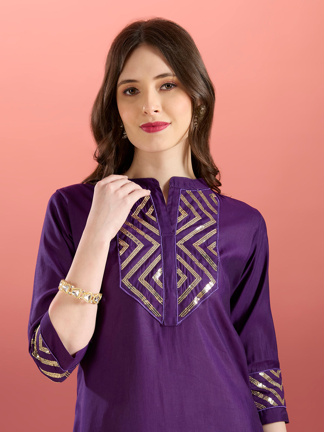 Solid Sequin Embroidered A-Line Co-ord Set - Purple