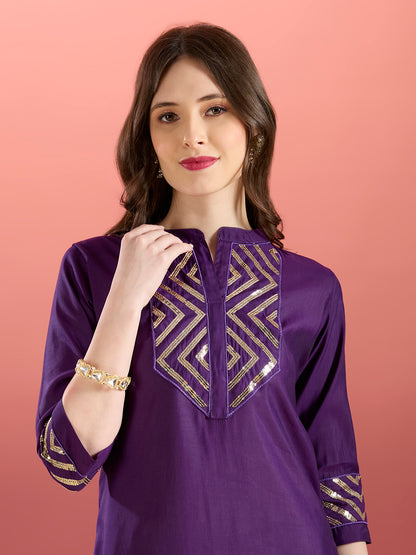 Solid Sequin Embroidered A-Line Co-ord Set - Purple