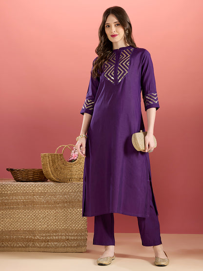 Solid Sequin Embroidered A-Line Co-ord Set - Purple