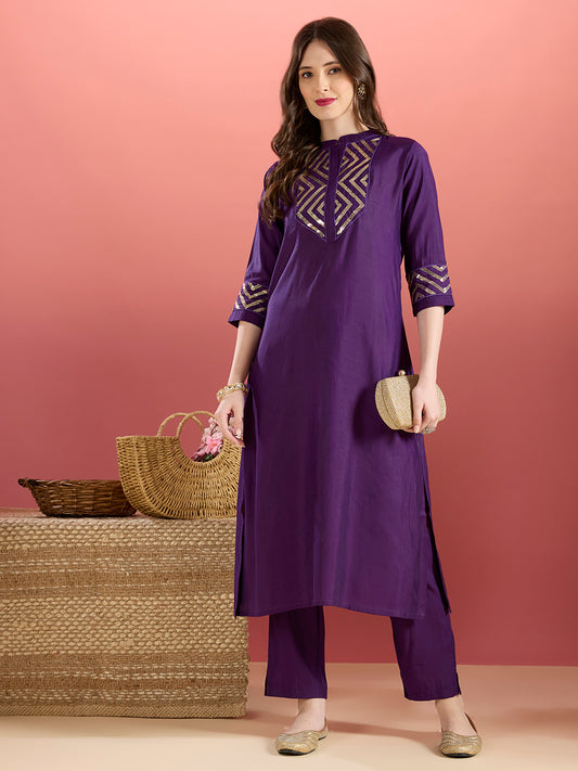 Solid Sequin Embroidered A-Line Co-ord Set - Purple